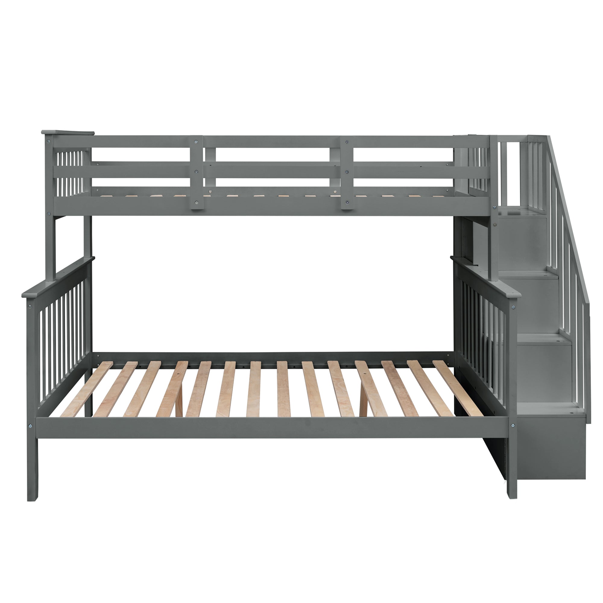 Royard Oaktree Twin-Over-Full Bunk Bed with Storage Stairway and Guard Rail Wood Bunk Bed Frame with Headboard and Footboard, Wood Slats, No Box Spring Needed