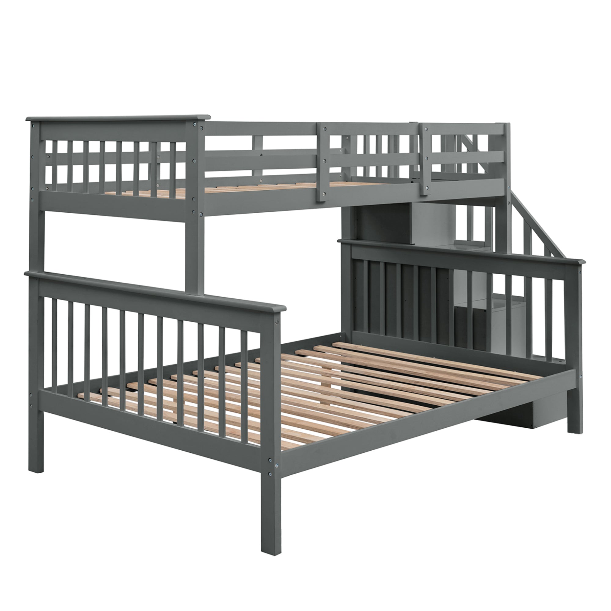 Royard Oaktree Twin-Over-Full Bunk Bed with Storage Stairway and Guard Rail Wood Bunk Bed Frame with Headboard and Footboard, Wood Slats, No Box Spring Needed