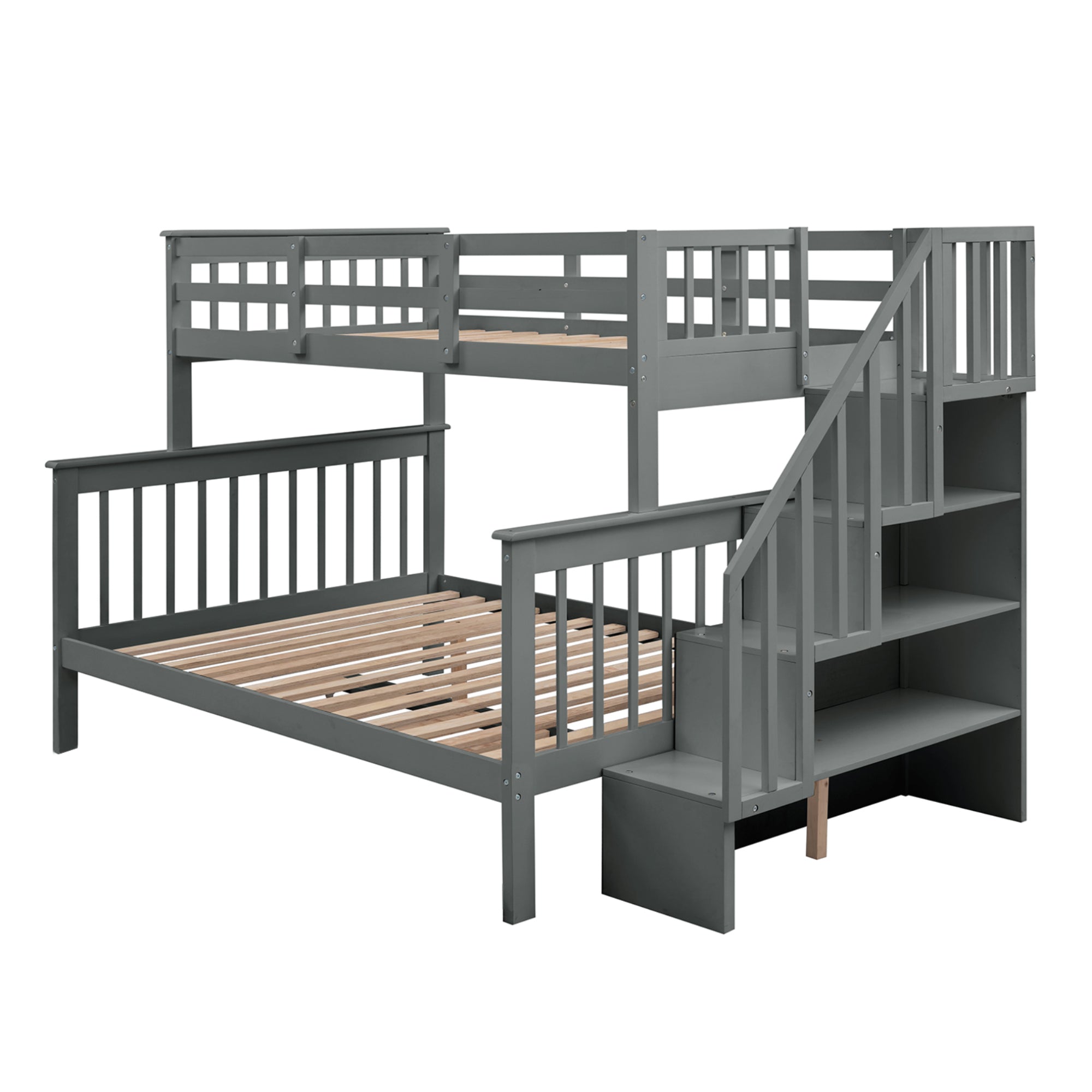 Royard Oaktree Twin-Over-Full Bunk Bed with Storage Stairway and Guard Rail Wood Bunk Bed Frame with Headboard and Footboard, Wood Slats, No Box Spring Needed