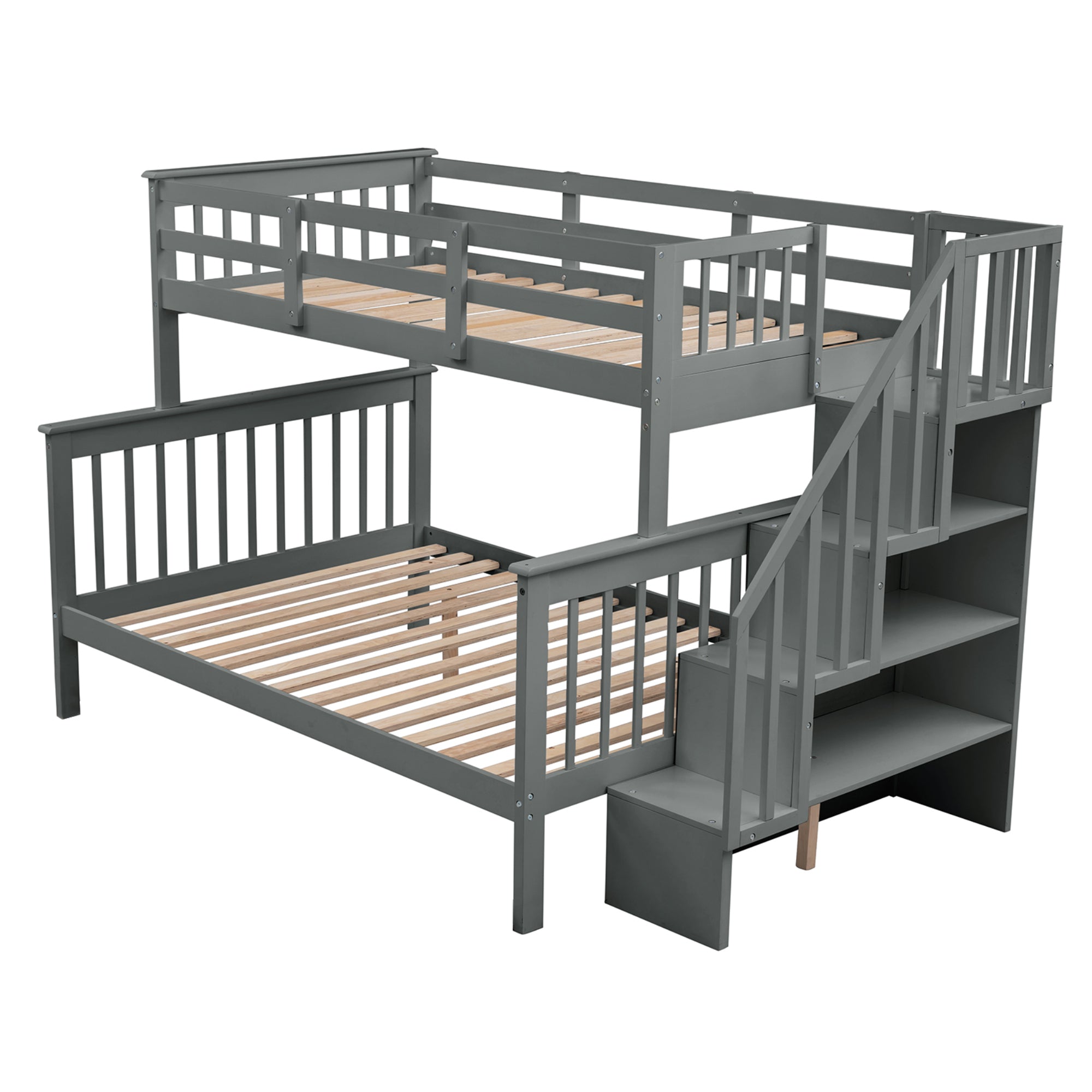 Royard Oaktree Twin-Over-Full Bunk Bed with Storage Stairway and Guard Rail Wood Bunk Bed Frame with Headboard and Footboard, Wood Slats, No Box Spring Needed